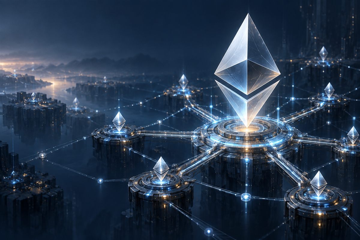 Luminous Ethereum network towers linked across a dark blue digital landscape