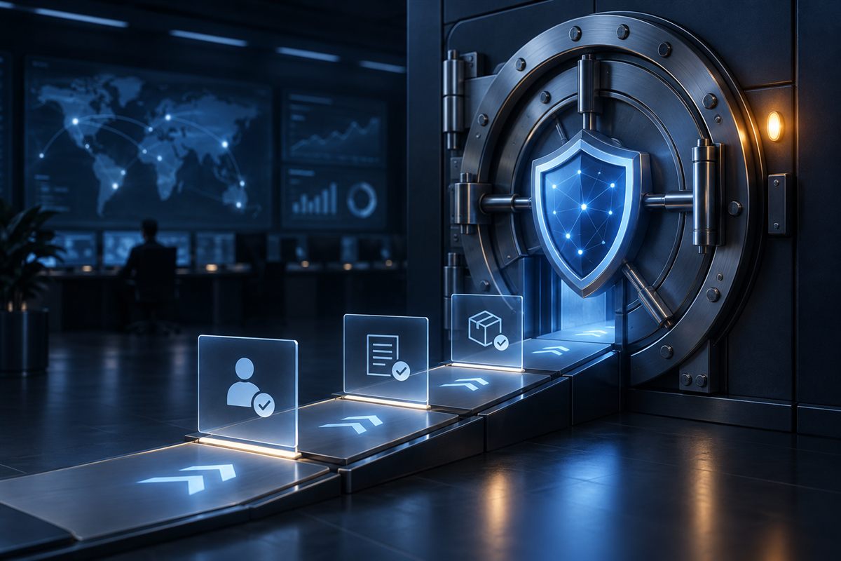 A secure digital asset vault with a blue shield and verification checkpoints