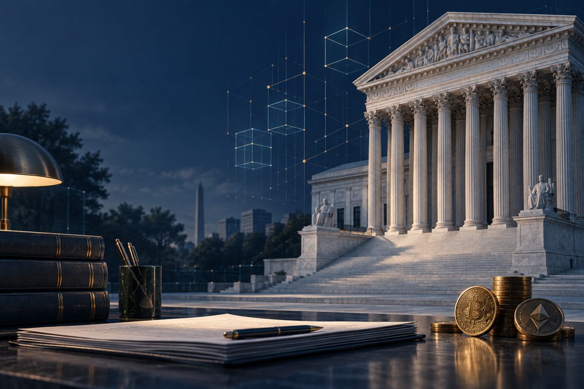 The United States Securities and Exchange Commission building at dusk beside legal documents and digital assets
